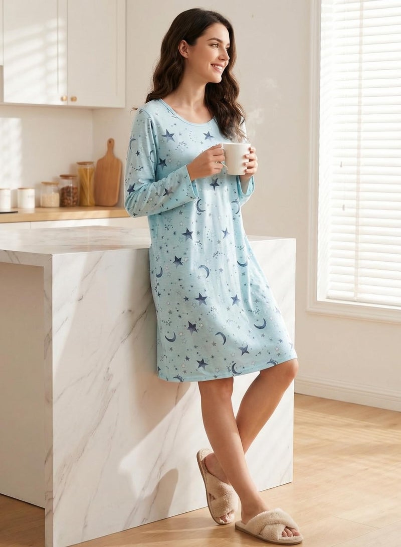 CHUNG Women's Cotton Nightgowns Long Sleeve Crew Neck Lovely Print Sleep Dress,Green Star,77-M - Image 3